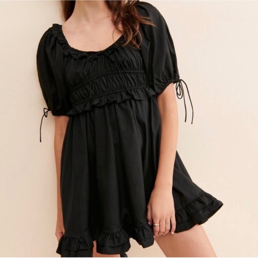 En Saison Black Puff Sleeve Smocked Babydoll Mini Dress Ruffle Square Neck S